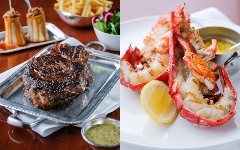 主菜的選擇非常豐富, 有原隻龍蝦，厚切牛肋骨，鮮嫩豬脊肉，香烤羊腿和芹菜烤餅。